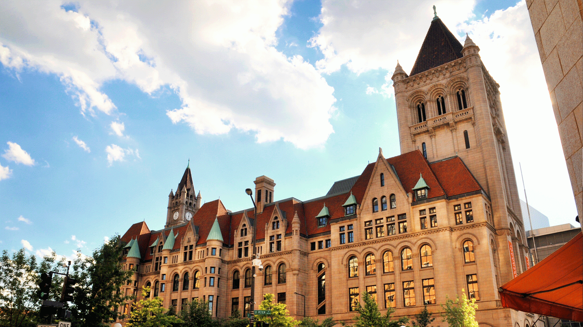 Landmark Center in Saint Paul, Minnesota from a low angle with a blue sky.